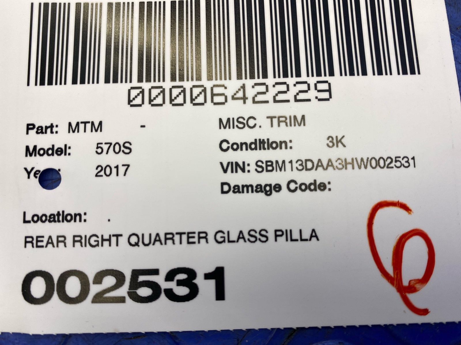 2016-2021 MCLAREN 570S REAR RIGHT QUARTER GLASS PILLAR PANEL COVER 13N2811CP OEM