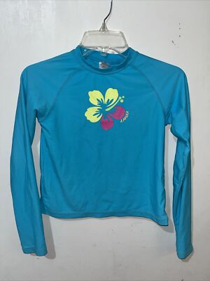 Laguna Rash Guard Girls Medium 10-12 Aqua Hibiscus Floral Long Sleeve