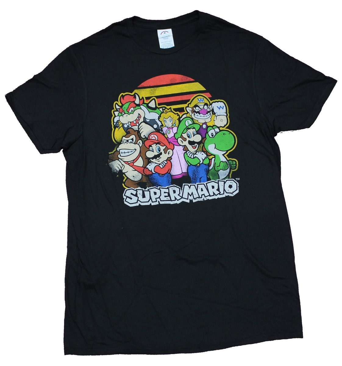 Super Mario Brothers Mens T-Shirt - Distressed 9 Character Sunset