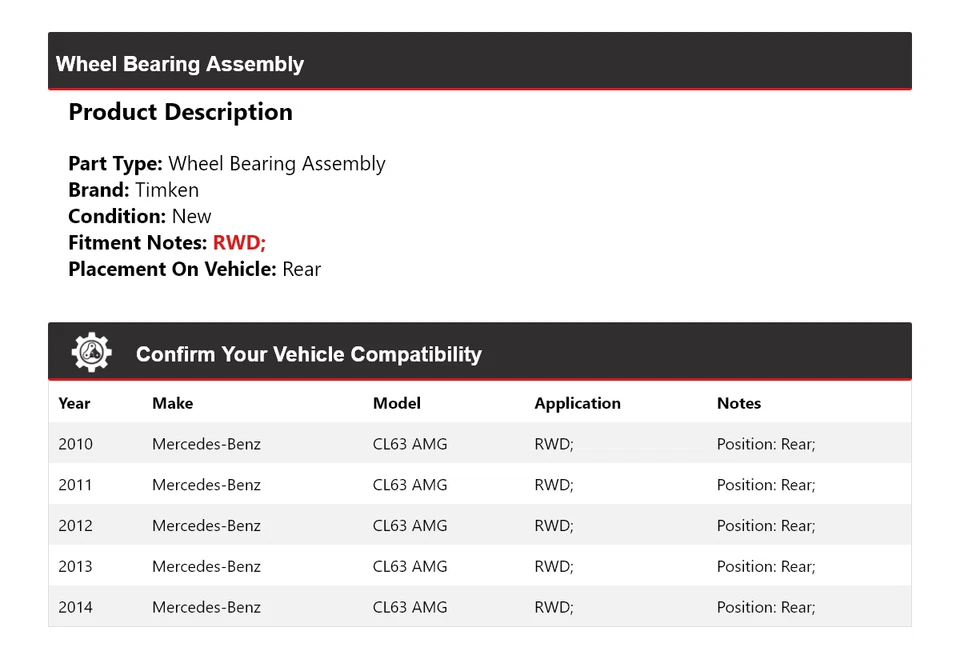For 2010-2014 Mercedes-Benz CL63 AMG RWD Wheel Bearing Assembly Rear Timken 2011 - Image 2 of 4