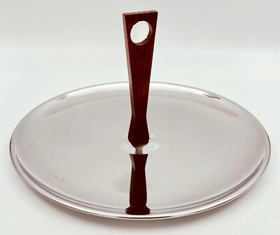 Vintage MCM Kromex Wood Handle Dessert/Appitizer Serving Tray Chrome 12.5''