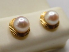 14K YELLOW GOLD EARRING PAIR w 2 - 6.5mm CULTURED AKOYA PEARLS