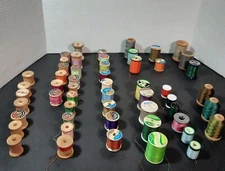Lot Of Thread Spools 50+ Total  27 Wood  24 Not Wood  Some Empty Some Full 