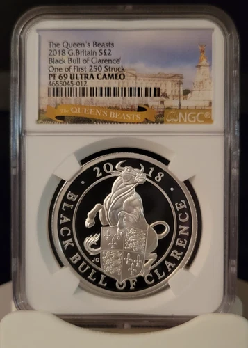 🇬🇧2018 UK GB QUEENS BEASTS BLACK BULL OF CLARENCE 1 Oz SILVER PROOF NGC PF69UC