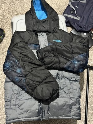 Minus Zero Boys Hooded Puffer Jacket Blue Black White Colorblock Zip Size S