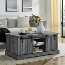 Coffee Table with Storage and Sliding Wood Door, Farmhouse and Industrial Cockta