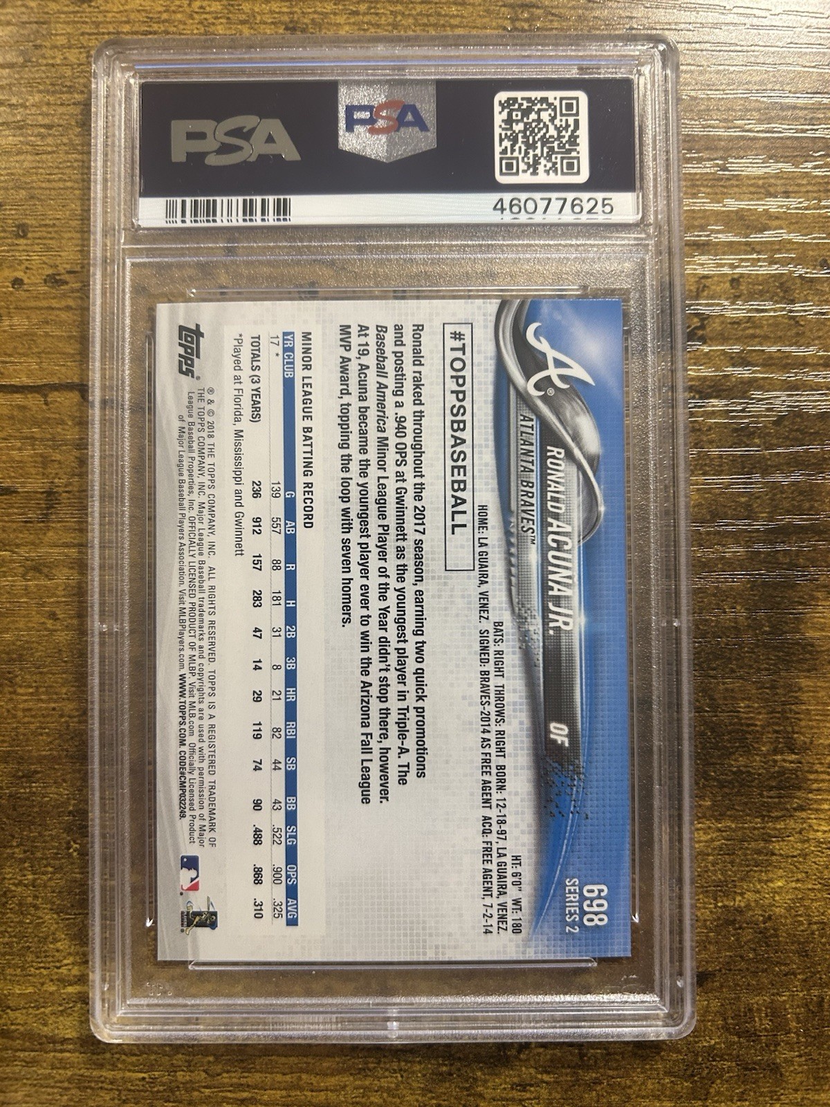 2018 Topps Complete Set RONALD ACUNA JR Rookie Bat Pointing Up #698 PSA 10 GEM view 2