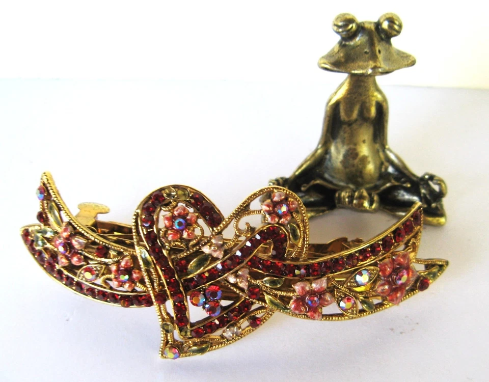 🐸De colección Cordón de pelo con estrás Clip Punta BORGOÑA ROJO CORAZÓN FLORAL Grande años 60 Foto 2 de 4