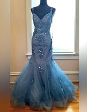 La Femme Blue Embroidered Sequined Floral Mermaid Prom Dress Tulle Size 12