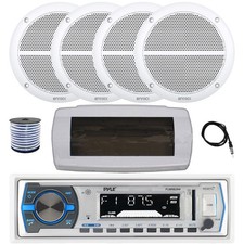 Pyle Bluetooth Marine Receiver, Cover, Antenna,Wire, 4x 6.5" 90W White Speakers