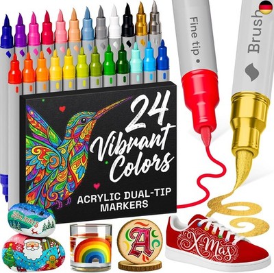 ARTISTRO 24 Acrylstifte ? Dual Tip (Pinsel & Fein) Marker für Stoff,