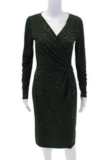 Michael Michael Kors Womens Long Sleeve V Neck Leopard Print Dress Green Small
