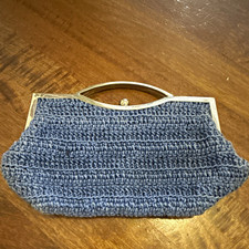 Blue Crochet Kiss Lock Frame Clutch Bag with Silver Metal Top Handle, Lined