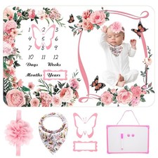 Milestone Blanket for Baby Girl Pink 60x40 Inches , with Photo Aid Frame, Sa...