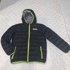 Eddie Bauer DOWN S 7/8 YOUTH Reversible Puffer Jacket Black/Lime/Grey Easy Care