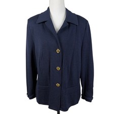 St John Collection Santana Knit Blazer Jacket Womens M Navy Gold Hardware VTG