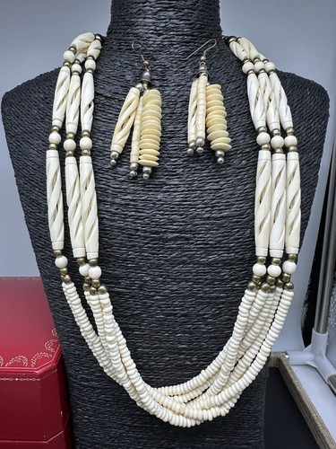 Vintage Native American Multi Strand Necklace Earrings Set Hand-Carved Beads
