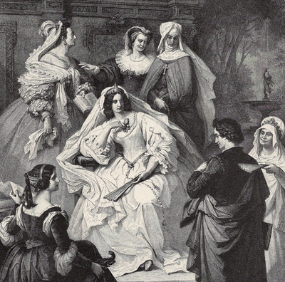 MEDIEVAL PRINCESS - Renaissance Court Queen & Maids 1892 Antique Engraving