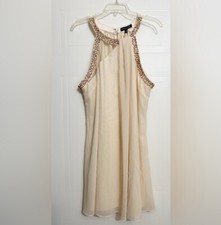 London Company Chloe Dress Size S Champagne Gold Beaded Cold Shoulder