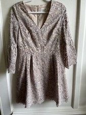 Eliza J Lace Fit Flare Tan Gray Bell Sleeve Dress SZ 10