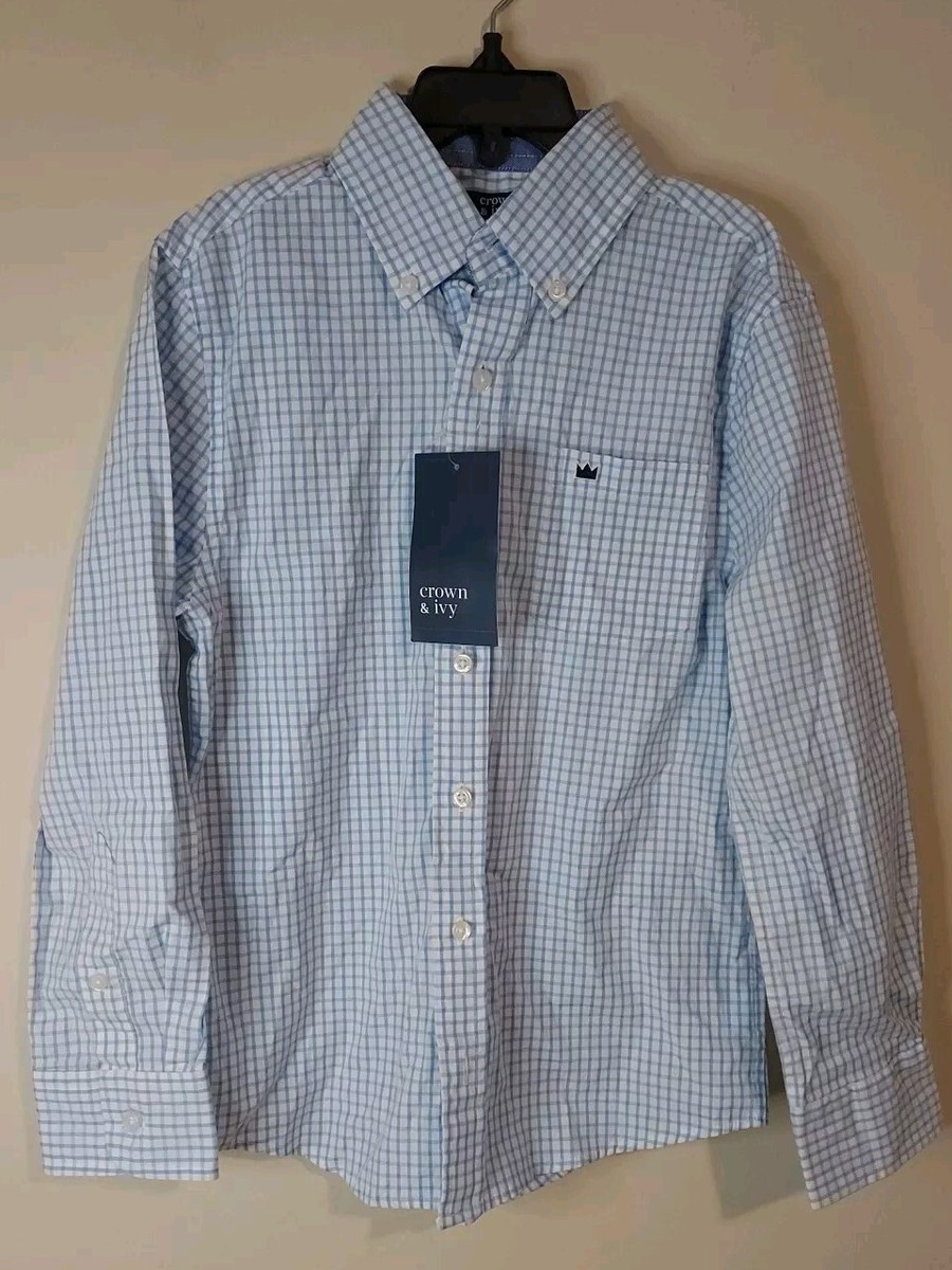 crown and ivy dress shirts Crown & Ivy Boys Dress Shirt Kid SM Blue Checked Collar Button Down NWT  $37.50