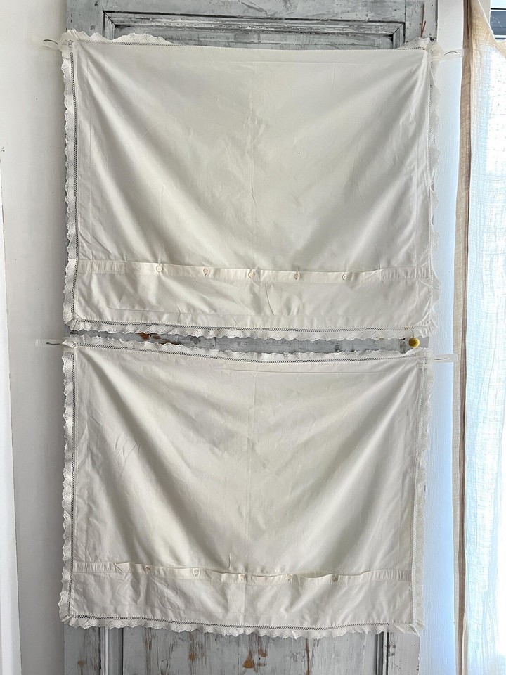 PAIR antique French LARGE linen ecru PILLOW SHAM FILET LACE trim c1900