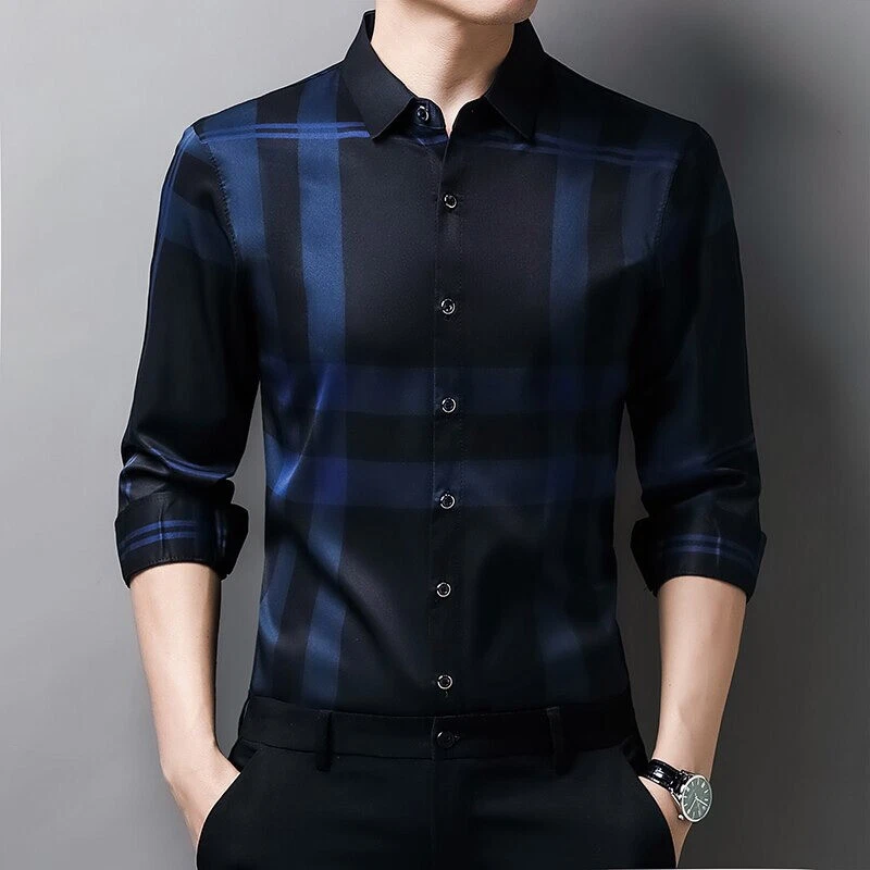 Camisa Ajustada De Seda De Hombres Ropa De Vestir Manga Larga A Cuadros Elegant