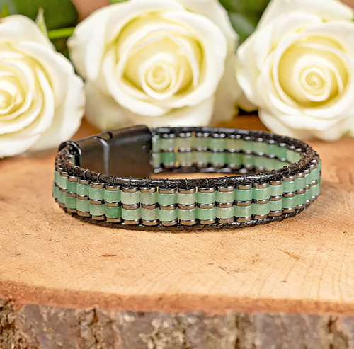 6.7" Green Aventurine Crystal Leather Bracelet Stainless Steel Magnetic Clasp