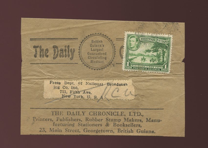 BRITISH GUIANA NEWSPAPER WRAPPER FRONT KG6th 1c to USA...DAILY