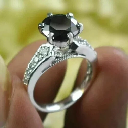 Lab-Created 2.30 Ct Round Black Diamond Engagement Ring 14K White Gold Plated - Image 2 of 3