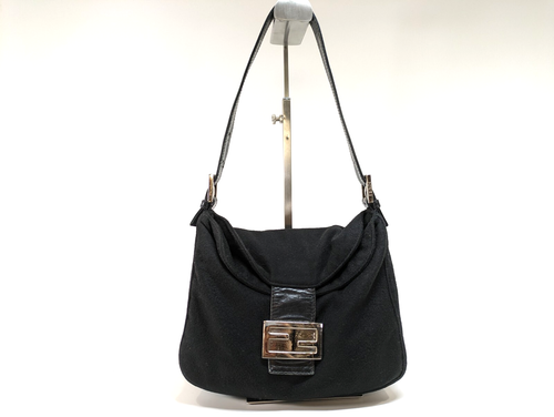 Rare* FENDI Mamma Baguette Shoulder Bag Black Cotton auth
