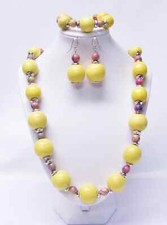 Large Round Yellow w/Stripe Multicolor Wood Bead Necklace/Bracelet/Earrings Set