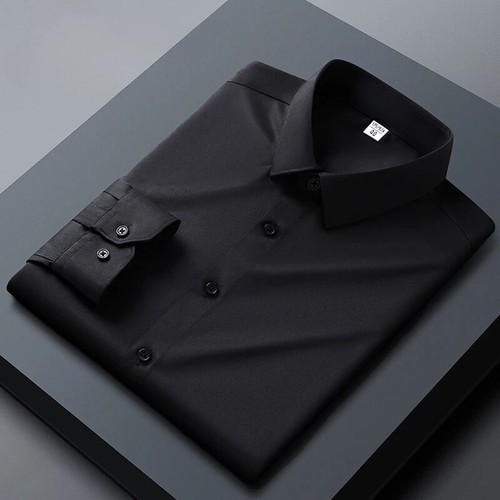 Long Sleeved Shirt Men's Business Resistant Elastic Solid Color Men's Shirt - Picture 31 of 35
