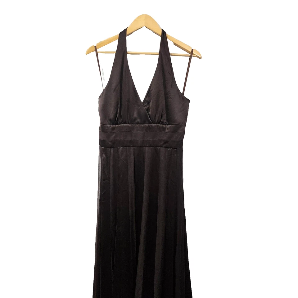 Vintage 90s Calvin Klein Mixed Silk Satin Chocolate Halter Dress Women's Size 10 - Image 3 of 4
