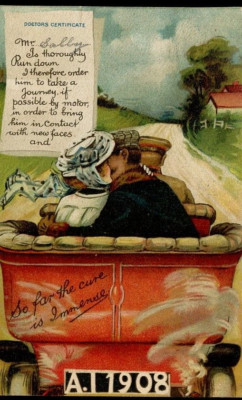 Antique Postcard Man Woman Kissing in Early Motor Car Humor Romance Doctors Cure