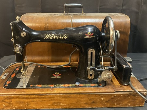 Antique White Waverly Rotary Sewing Machine With Pedal And Wooden Case Working