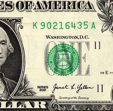 8 digit looping broken ladder 9-6 Fancy Serial Number One Dollar bill K90216435A
