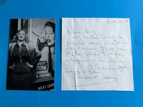 Tempest Storm (The Queen of Exotic Dancers) Hand Autographed Signed Note 4/29/13
