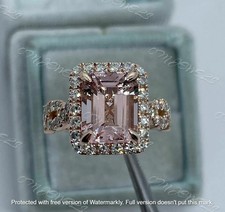 3Ct Emerald Cut Morganite Twist Halo Engagement Ring 14K Rose Gold Over
