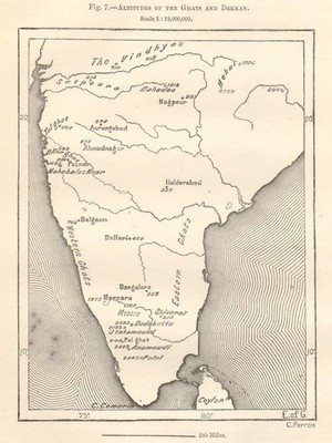 Deccan Plateau, Eastern & Western Ghats altitudes. India. Sketch map 1885