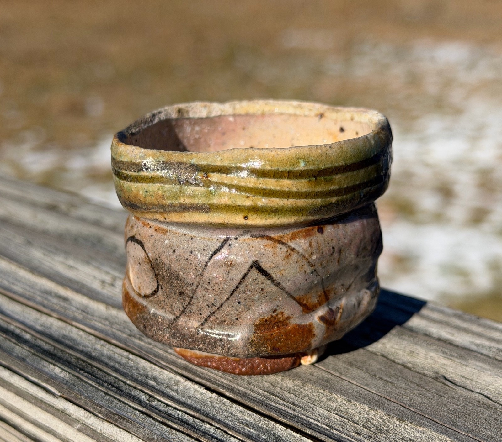 A Whimsical Oribe Ware Guinomi Sake Cup by Tomonori Koyama