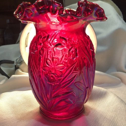 Fenton Cranberry Glass Vase Daffodil Ruffled Embossed 3D Scalloped Rim VTG