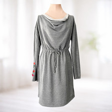 Gray Boho Embroidered Floral Long Sleeve Terry Dress M Comfy Casual USA Made