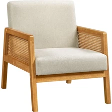 Fabric Upholstered Accent Chair with Rattan Sides, Rubberwood Legs Living Room