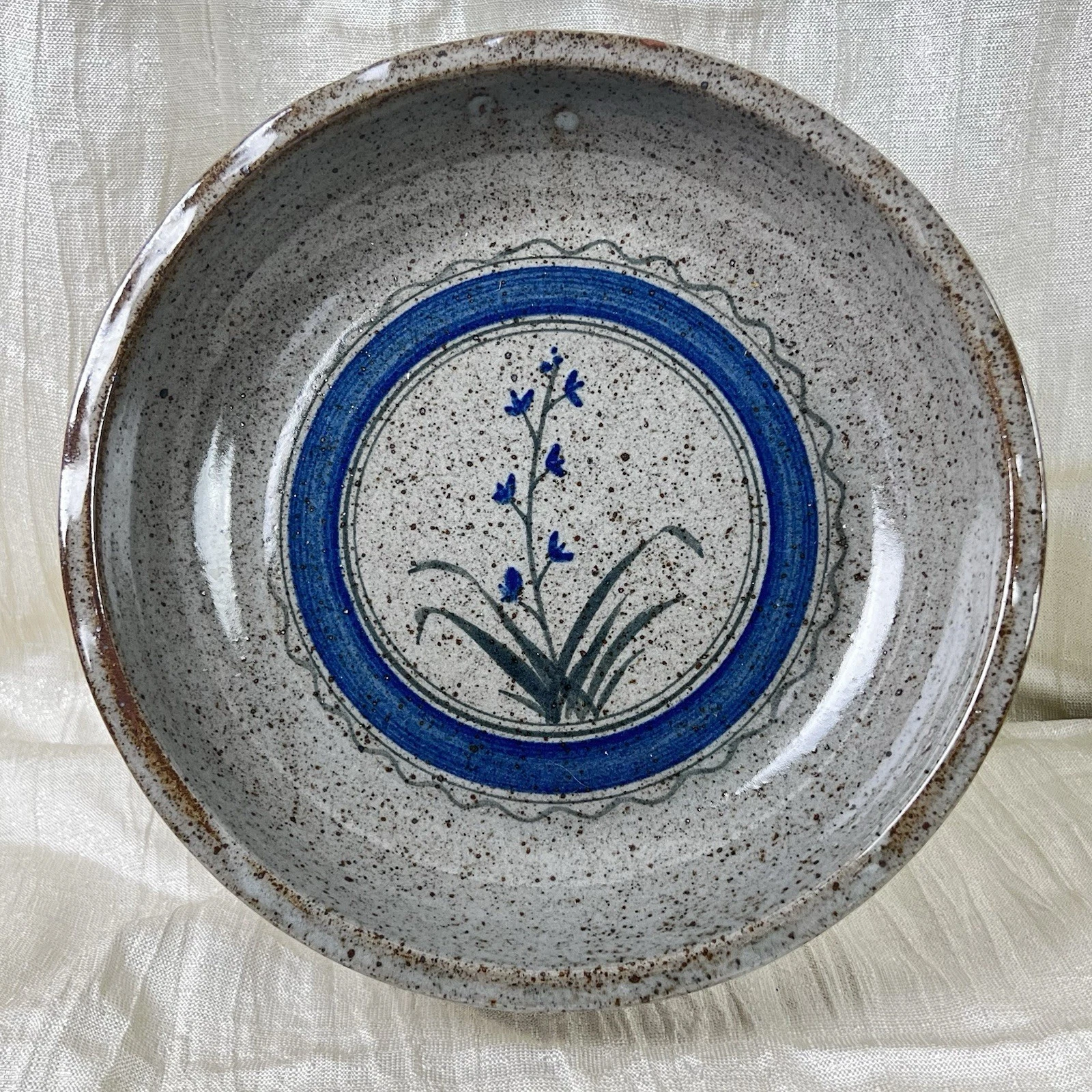 Vintage Studio Pottery Pie Plate Blue Floral Stoneware Baker 10”