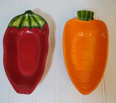 Pier 1 Imports Hand Painted Ceramic Carrot & Red Pepper Dishes Vegetable Dip