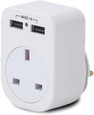 Twin USB Plug Through Adaptor with Socket 2 USB Ports Compact Travel Charger