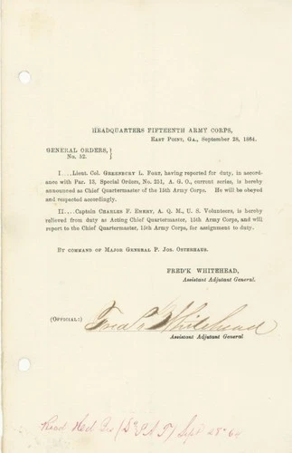 15th Army Corps General Orders No. 52 – Civil War HQ Document – 1864