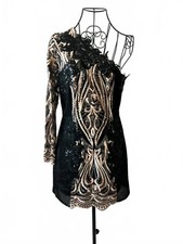 Boohoo Premium Black Gold One Shoulder Sequin Embellished Mini Dress Size 12