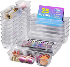 25 PCS Clear Plastic Drawer Organizer Set - 4 Sizes Makeup Organizer Desk Drawer